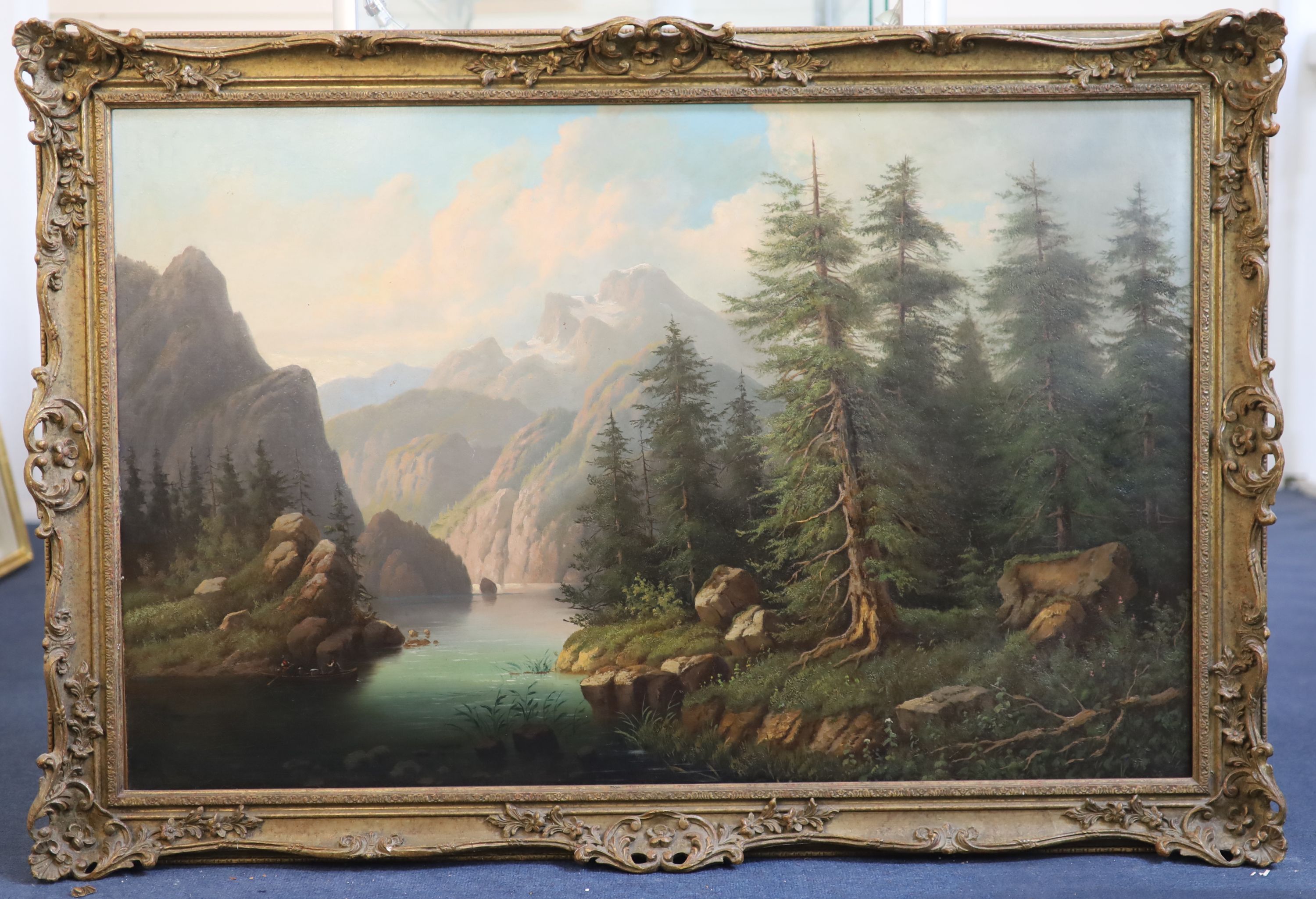 Edouard Boehm (1830-1896) Boatman in an alpine river landscape 26 x 41in.